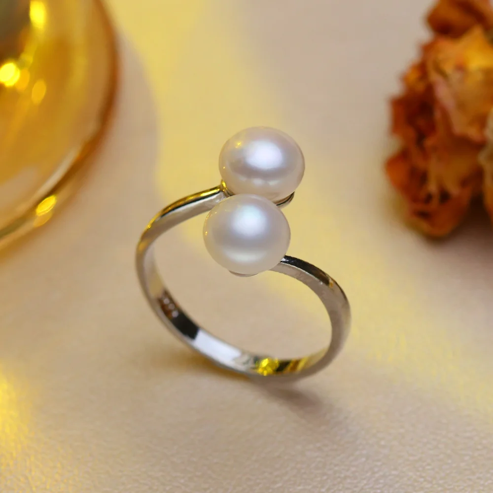 Freshwater Pearl Ring Cultured White Cubic Zirconia Double Pearl Ring For Women
