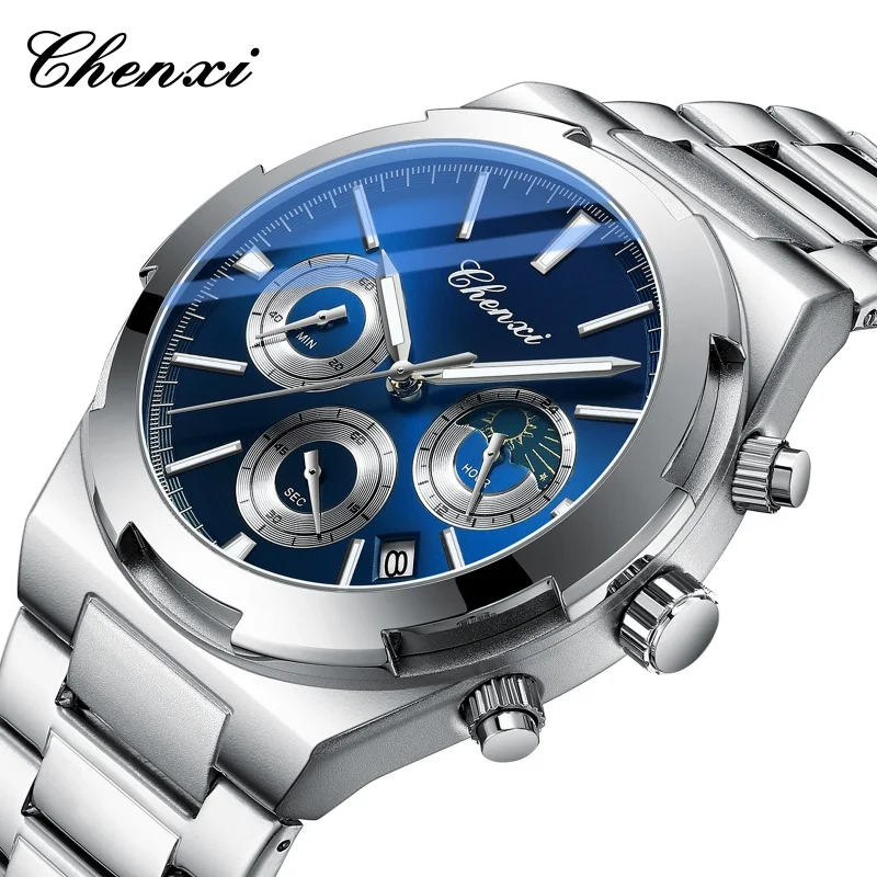 CHENXI 956 Men's Multifunction Quartz Watch Calendar Chronograph Stainless Steel Strap Waterproof Luminous Sports Men Wristwatch