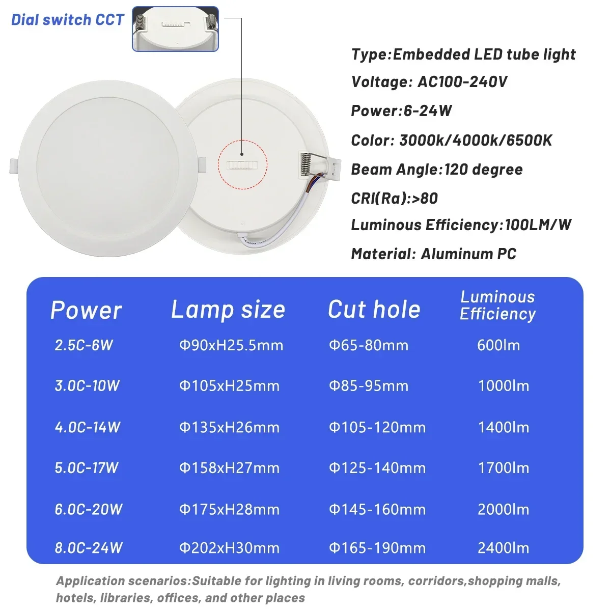 2-10pcs Recessed Round LED Downlight 100-240V Dial Swich CCT 3000K/4000K/6500K Panel Light Ceiling Light 20W 24W Indoor Lighting