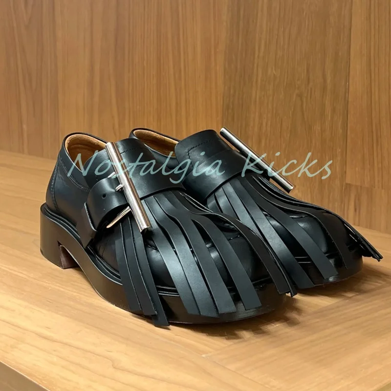 

Men's Black Cow Leather Fringe Loafers Round Toe Tassel Design Metal Buckle Casual Shoes Stylish Handmade Slip On Footwear