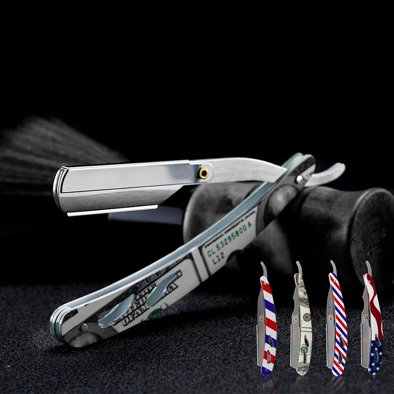 

Men Classic Barber Manual Folding Beard Razor Stripes US Flag Dollar Print Stainless Steel Shaving Knife Hair Removal Tools With