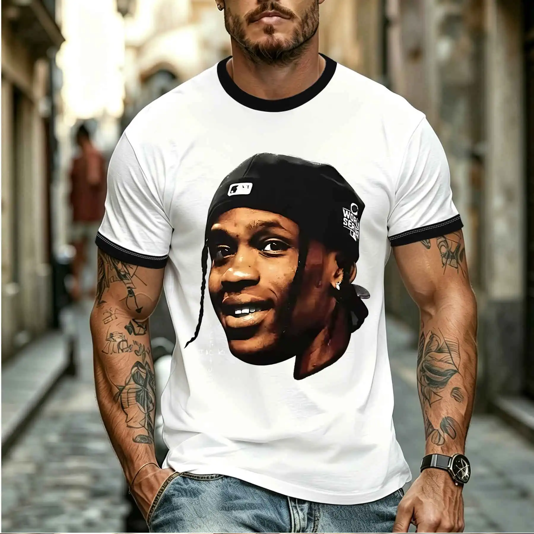 2026 new model Tee Stylish Comfortable Men's Street Hip-Hop Style Travis Portrait Print Loose Casual Crewneck T-Shirt Tee for Da