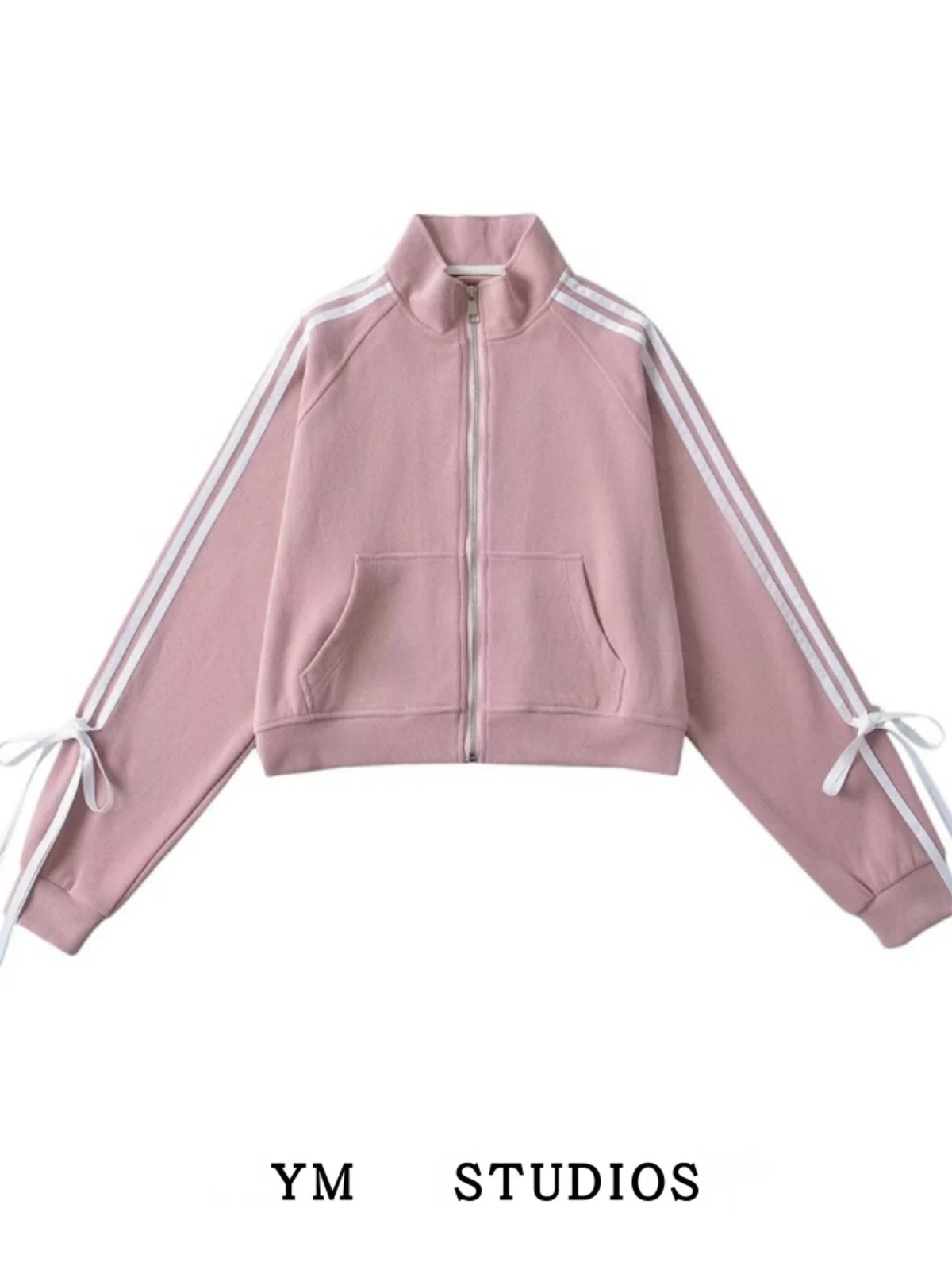 

School Sle ort Zipper Jaet with Side Stripe Knot Pull Strip Loose Sweatirt for Beautiful Girls Spring Season