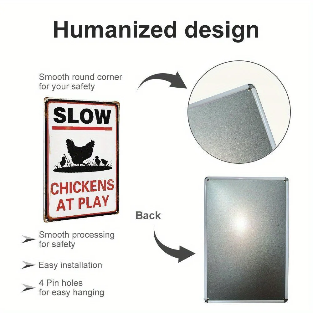 Polli lentos al gioco Segnale di avvertimento Divertente cartello di avvertimento di sicurezza in fattoria Decorazione da parete in metallo vintage Novità Pollo in fattoria