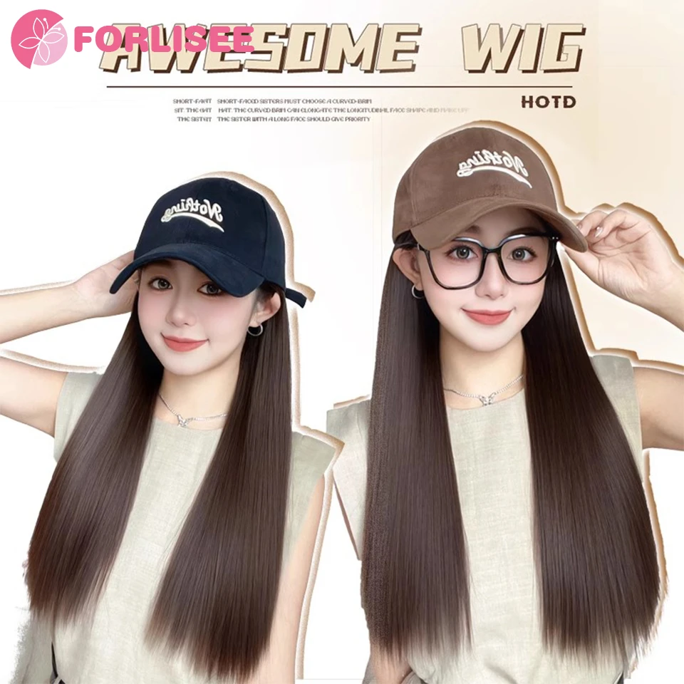 Forlisee 18 Polegada longa reta peruca sintética boné de beisebol extensões de cabelo chapéu perucas legal marrom ajustável peruca para mulher
