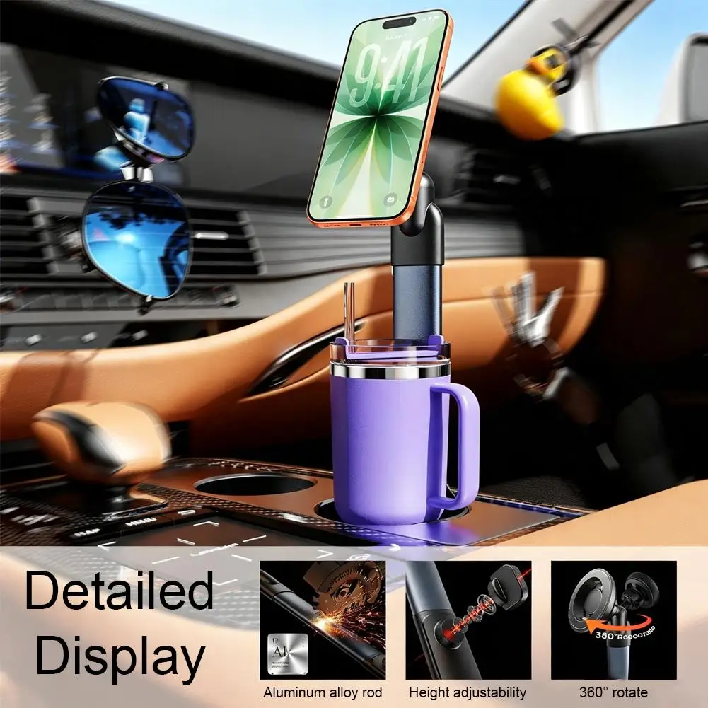 2-in-1 Height-adjustable Car Cup Holder Phone Mount Single Magnetic Long Arm Magnetic Car Phone Holder For iPhone Samsung