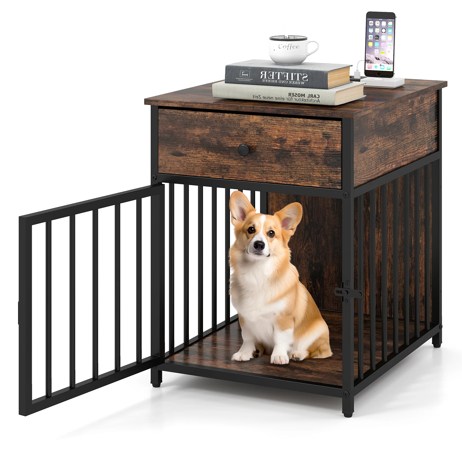 Muebles Para Jaulas Para Perros, Caja Para Perros Para El Hogar Con Estación De Carga, Puerta, Cajón Y Tubos De Metal, Mesa Auxiliar Para Perrera Para Perros — -65%, 198.34€ Coupon, from 103.29€ – 65% descuento – €103.29