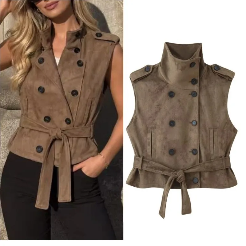 Women's Vest  Autumn Winter Faux Suede With Belt High Neck Sleeveless Double Breasted Waistcoat Fashion Casual Female Street Top