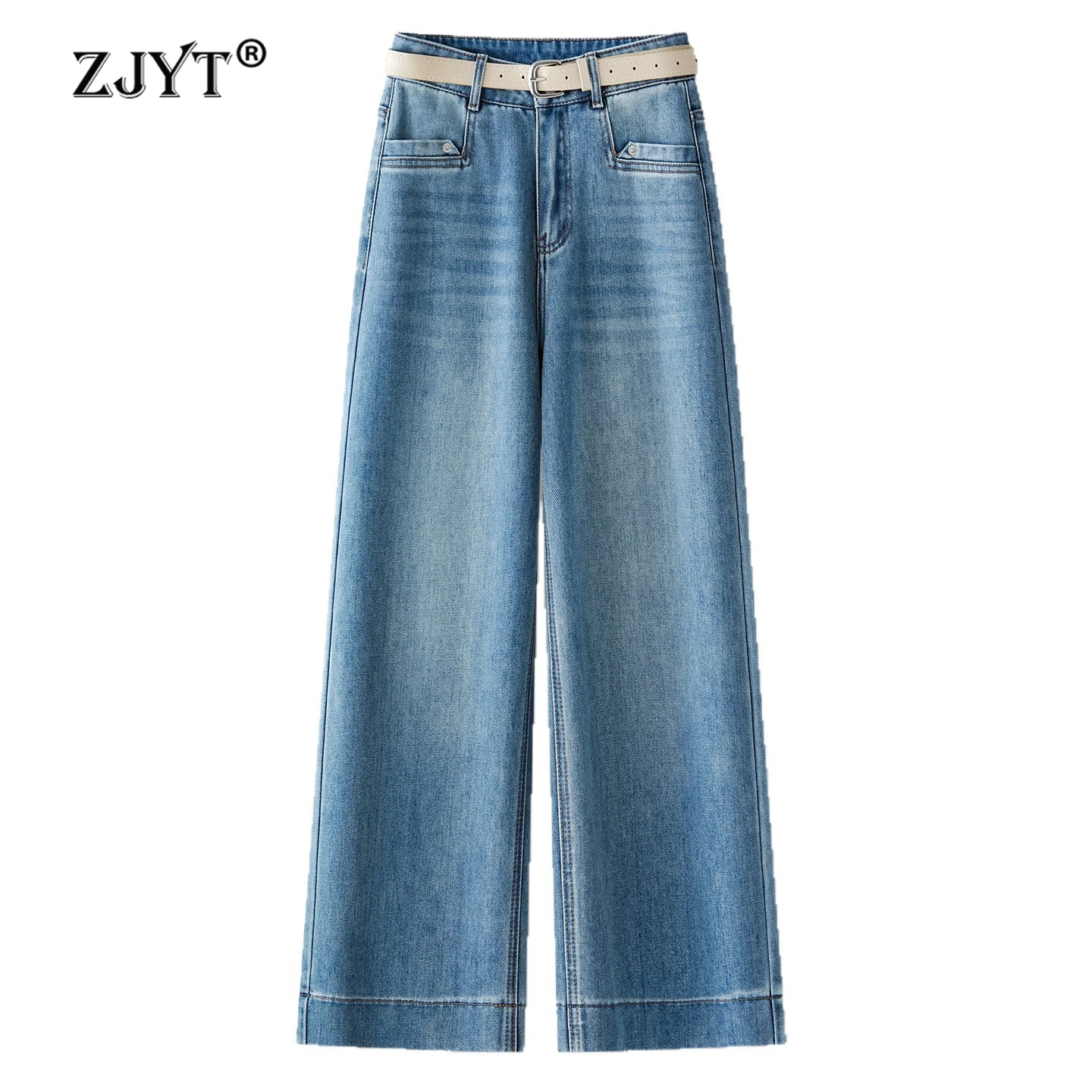 

ZJYT Wide Leg Women's Jeans Blue Spring 2026 Street Style Fashion Elegant Casual Denim Pants Woman Trousers Bottoms with Belt