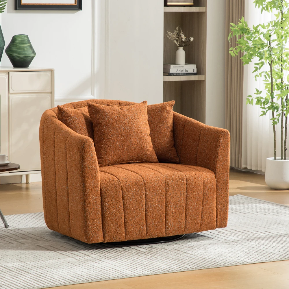 

39"W 360° Swivel Barrel Chair with 3 Pillows, Chenille Tufted Pumpkin-Shape, Orange