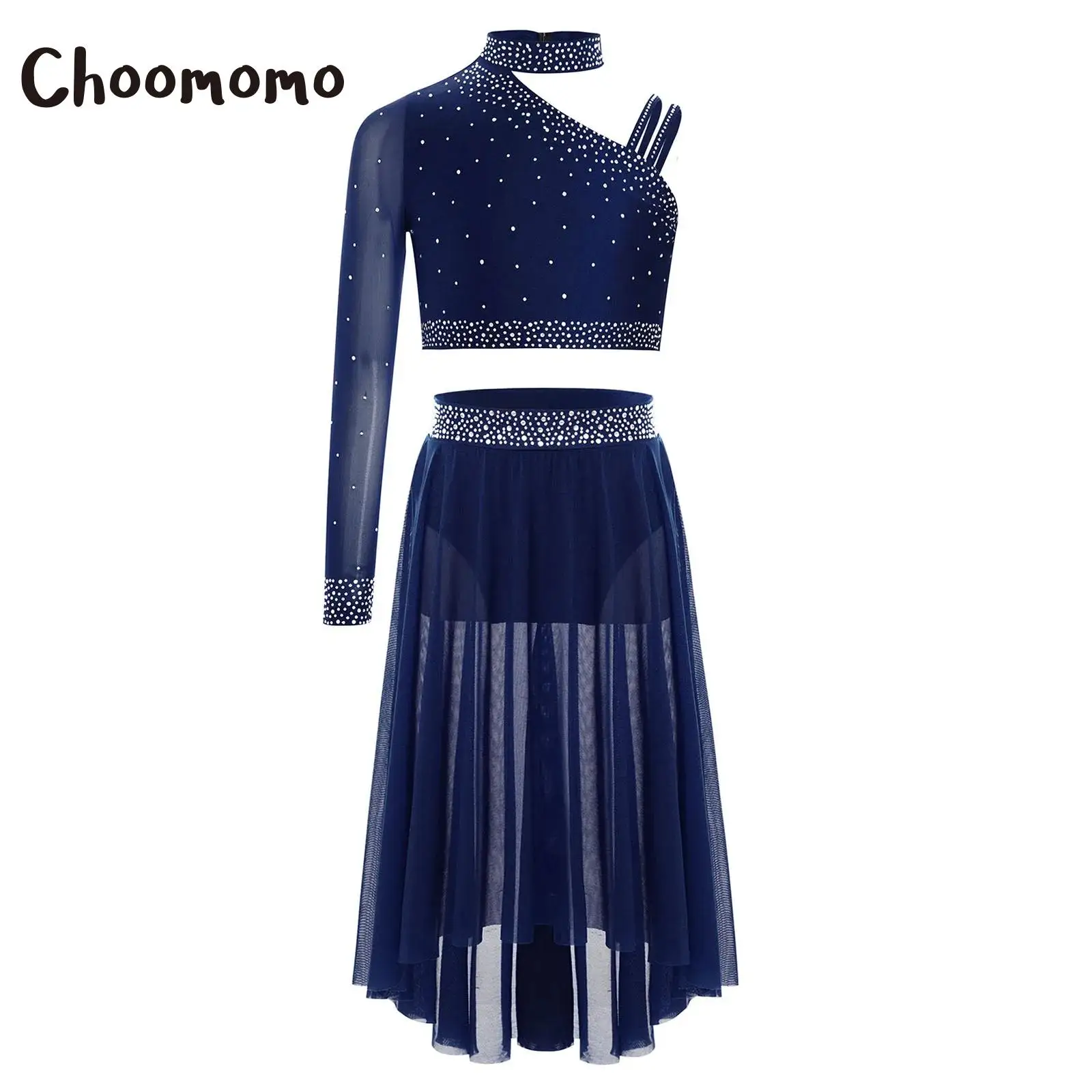 

Girls Lyrical Dance Set Rhinestone Tops One Shoulder Crop Tops with Side Slit Irregular Mesh Skirt Modern Contemporary Dancewear