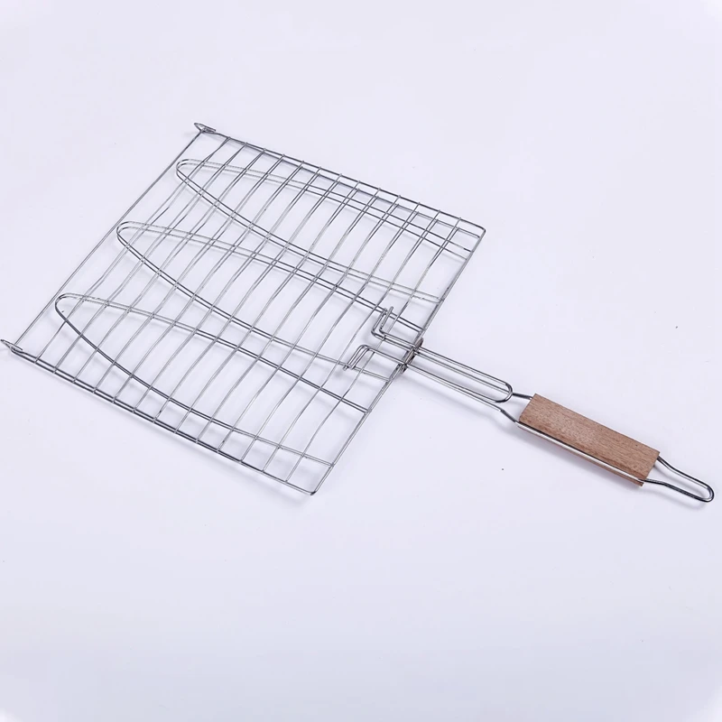 BHBD-BBQ Fish Grill Net Barbecue Grilling Fish Rack Non-Stick Triple Fish Grilling Basket Wood Handle Barbecue Tool