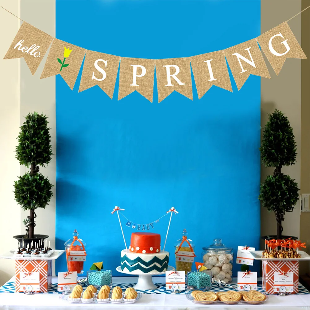 

Hello Spring Letters Swallowtail Flag Bunting Banner Linen Burlap Decorative Party Decoration for Wall Window Door Outdoor