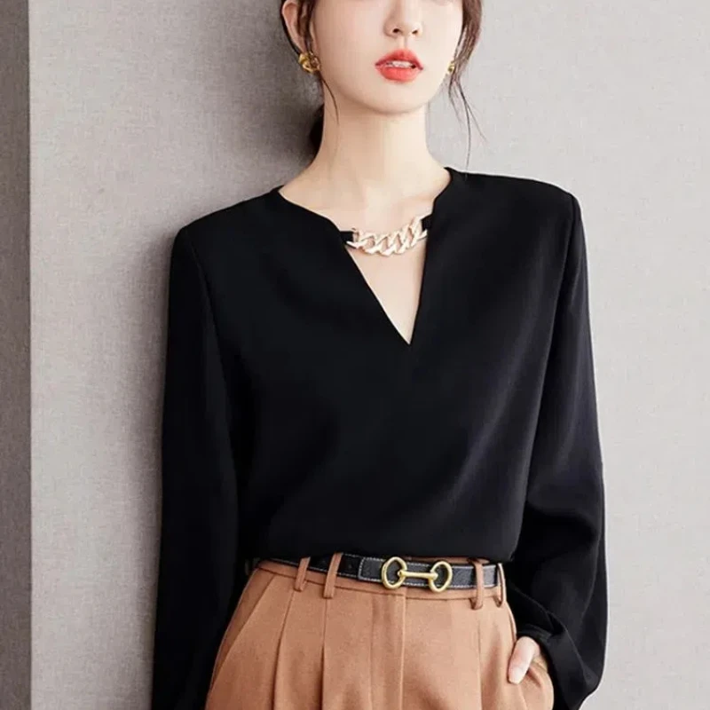 

Французские женские осенние новые 2023, модные однотонные свободные повседневные блузки с v-образным вырезом и цепочкой, рубашки с длинными рукавами