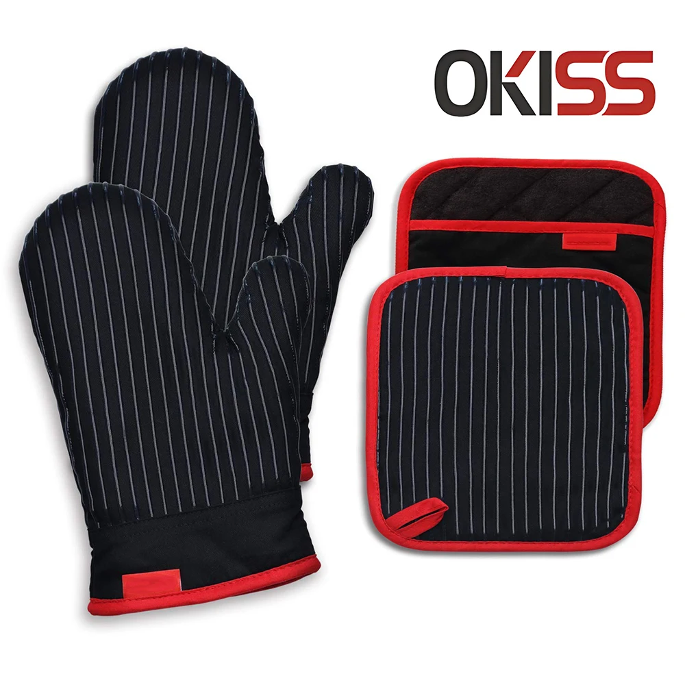 

OKISS Cotton Oven Gloves Set Silicone Anti Slip Oven Mitts Comfortable Heated Gloves Terrycloth Lining Heat Resistant Glove