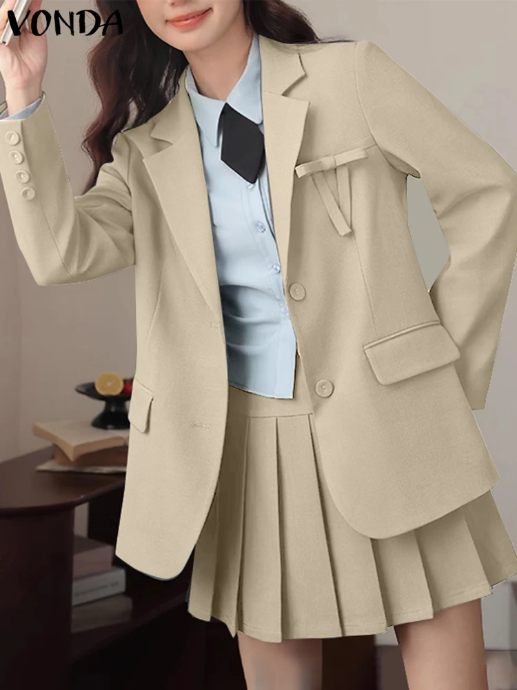 VONDA Women Casual Blazer 2024 Solid Color Bow Suits Fashion Turn-Down Collar Blazer Oversized Loose Outwears Femininas