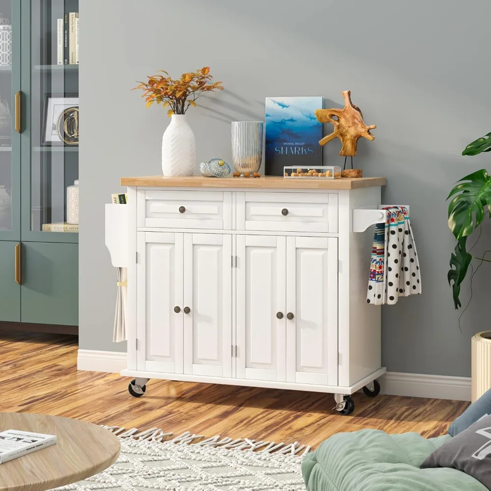 عربة جزيرة المطبخ المتدحرجة بأبعاد 43 بوصة، تتميز بأدراج وخزانة تخزين، وهي مصنوعة من الخشب المطاطي