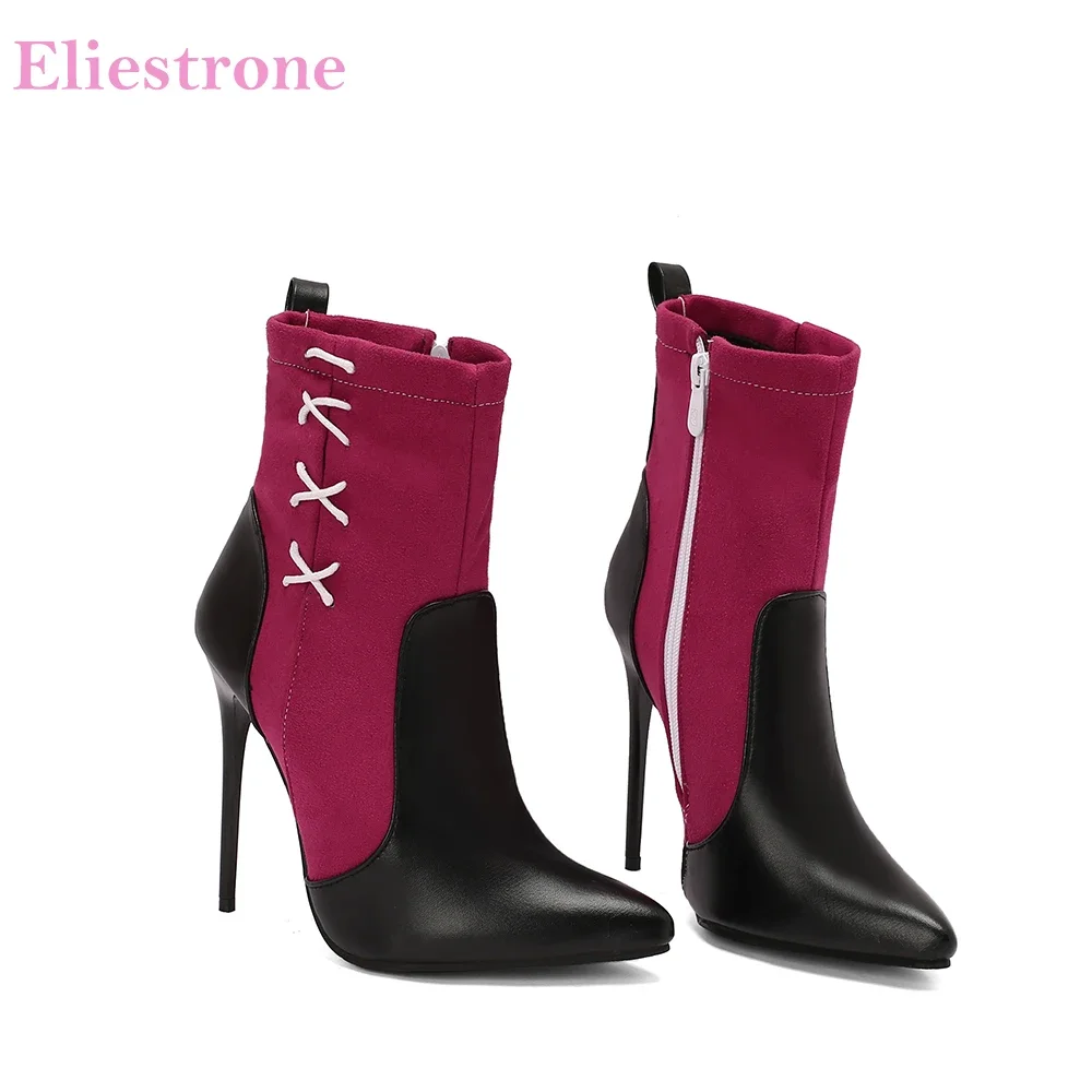 

2024 Winter Comfortable Rose Black Women Mid Calf Boots Hot Pointed Toe High Heels Lady Shoes Plus Big Size 12 43 46 48