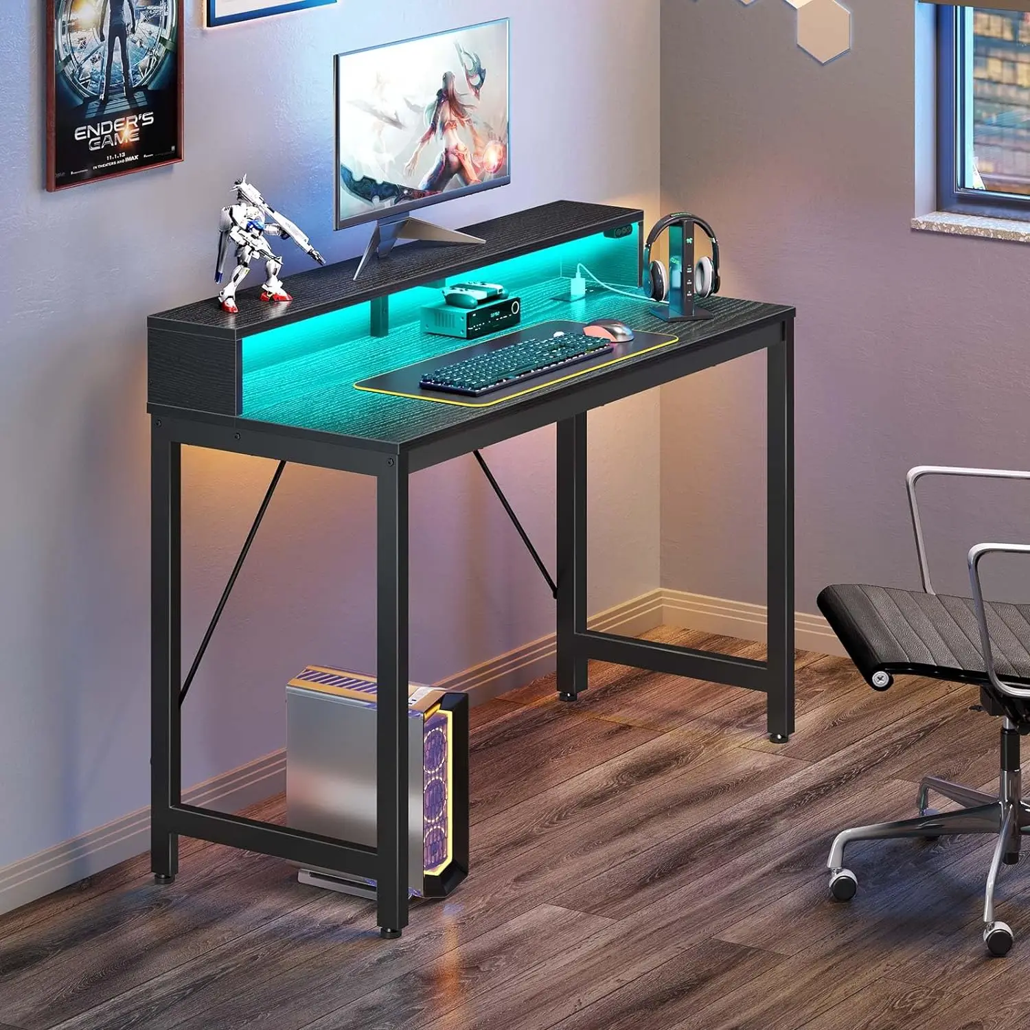 

Computer Desk 47 inch with LED Lights & Power Outlets, Home Office Desk with Monitor Shelf, Gaming Desk,