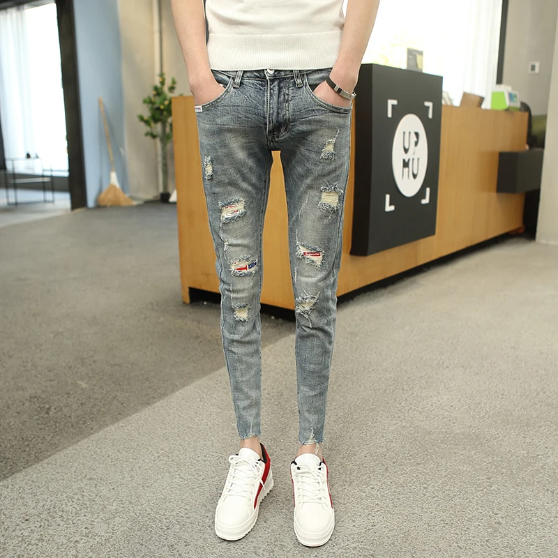 

Slim Fit Small Size Men's Jeans Low Waist Cotton Stretch Denim Casual Youth Fashion 26 27 Inch Pants Korean Style Nine Points