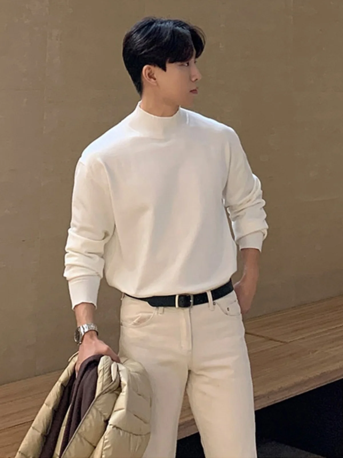 

Men's Thiened f-High Collar Sweater Loose Inner Wear Knitted irt White Autumn Winter Faionable Korean Sle Streetwear