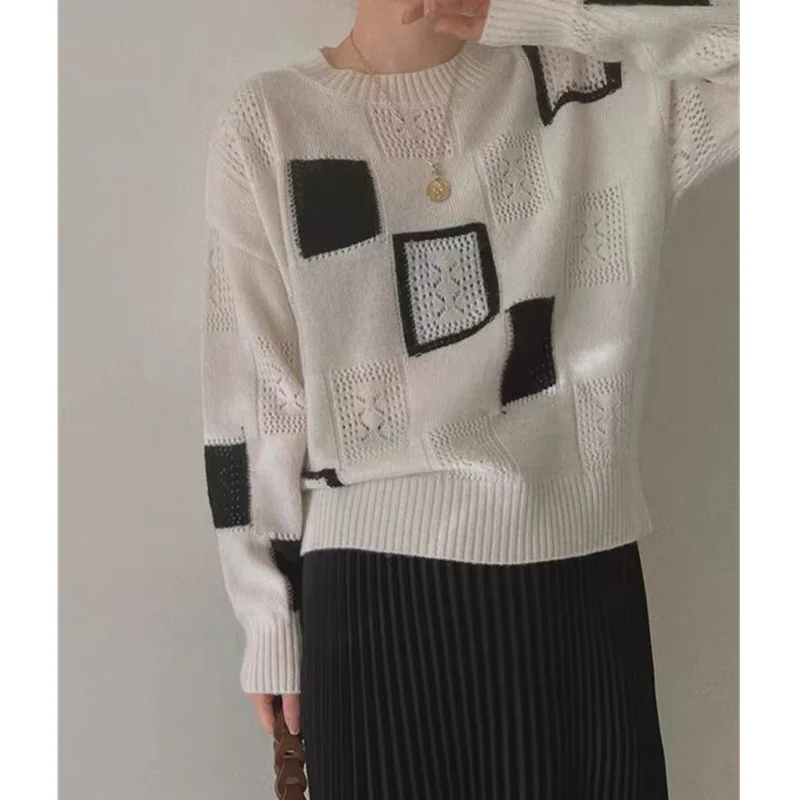 

Fashion patchwork color round neck checkered cashmere sweater for women fall/winter loose jumper sweater versatile