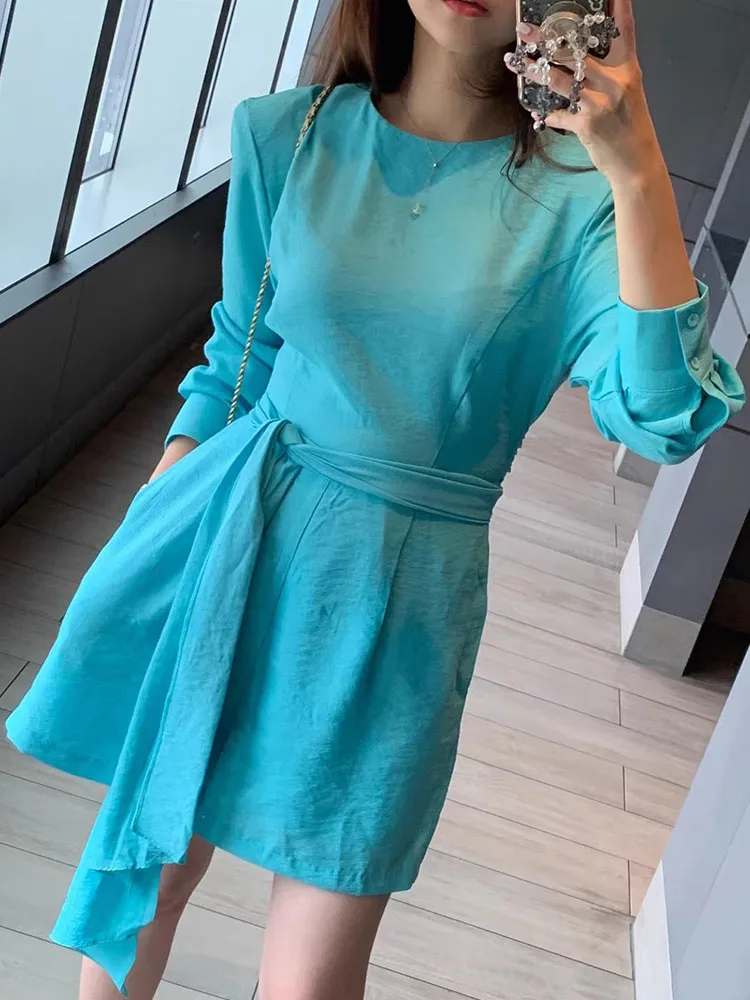 

Chic Vintage round Ne Pure Color Belted Slimming Long Sve Onesie Wide Leg orts Women's Faion High Waist ort Pants
