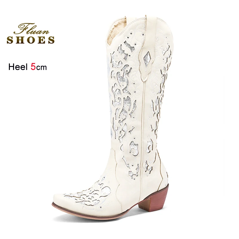 

Western style Cowboy Boots For Women New Block Heels 5CM Pointed Toe Autumn Shoes White Fashion Hollow Out Rhinestone Long Boots