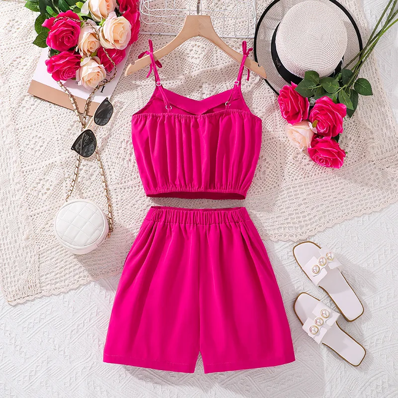 2024 Summer Child Clothes Sets Sleeveless Tops Rose Red Bow Skirts 2 Piece Sets Designer Girls Clothes Sets 8-12T