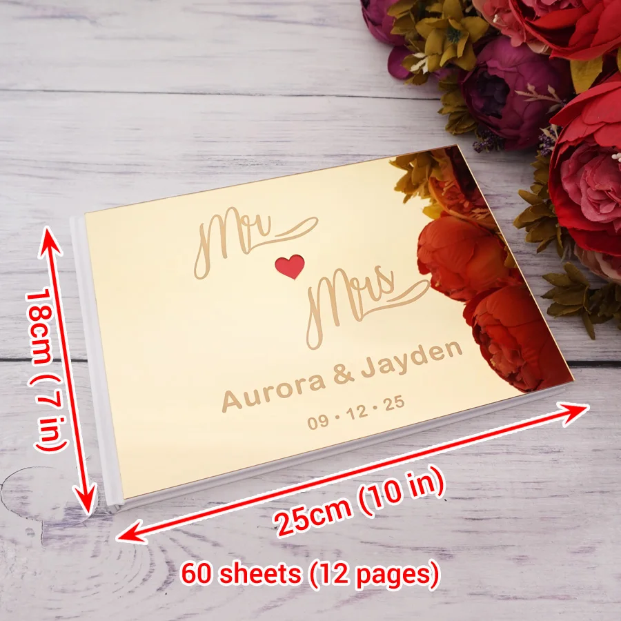 Personalized Custom Engraved Name and Date Cute Red Heart Wedding Signature Guestbook Acrylic Mirror Party Favors