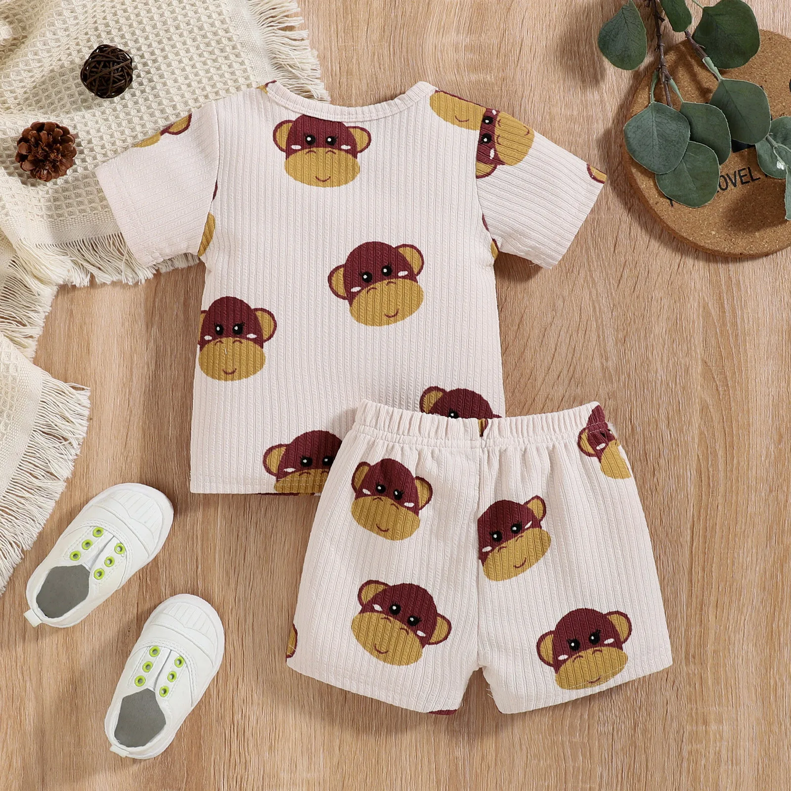 Summer Causal Baby Boys Clothes Sets 2pcs Cartoon Animal Printed Ribbed Short Sleeve T Shirts Shorts Sets Kids Clothing 1 2 3Y