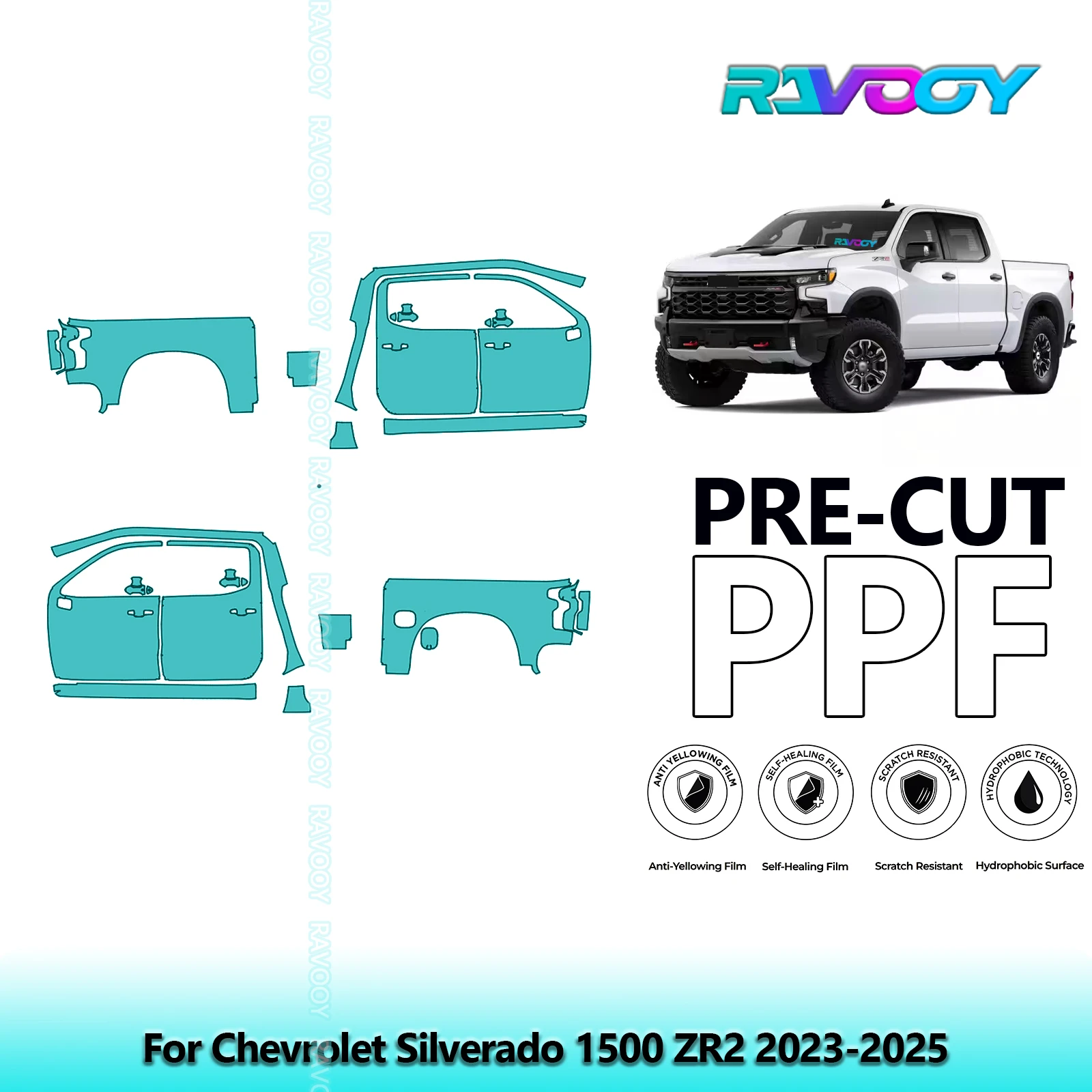 

For Chevrolet Silverado 1500 ZR2 2023-2025 8.5mil Clear Matte Pre-Cut PPF Door & A/B Pillar Kit TPU Paint Protection Film Set