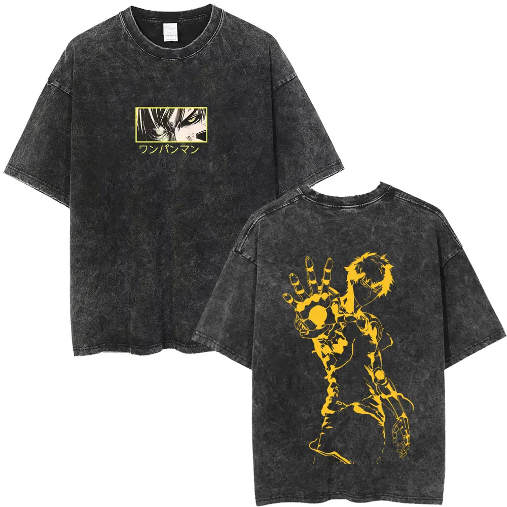 Japanese Anime One Punch Man Washed VintageT Shirt Genos Garou Saitama Print T-shirt Men Women Cartoon Manga Oversized T-shirts