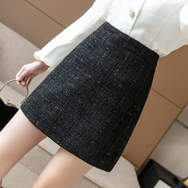 Korean Fashion Autumn Winter Woolen Women Solid Zipper Bright Silk Simplicity Chic High Waist Short Slim A-line Hip Wrap Skirt