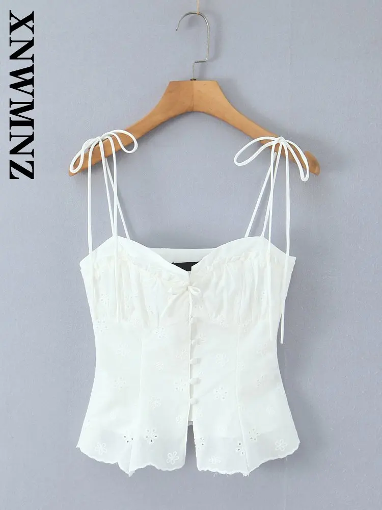 

XNWMNZ 2025 летний новый женский вечерний повседневный короткий топ без рукавов, праздничный богемный женский белый тонкий плечевой ремень, шикарный жилет