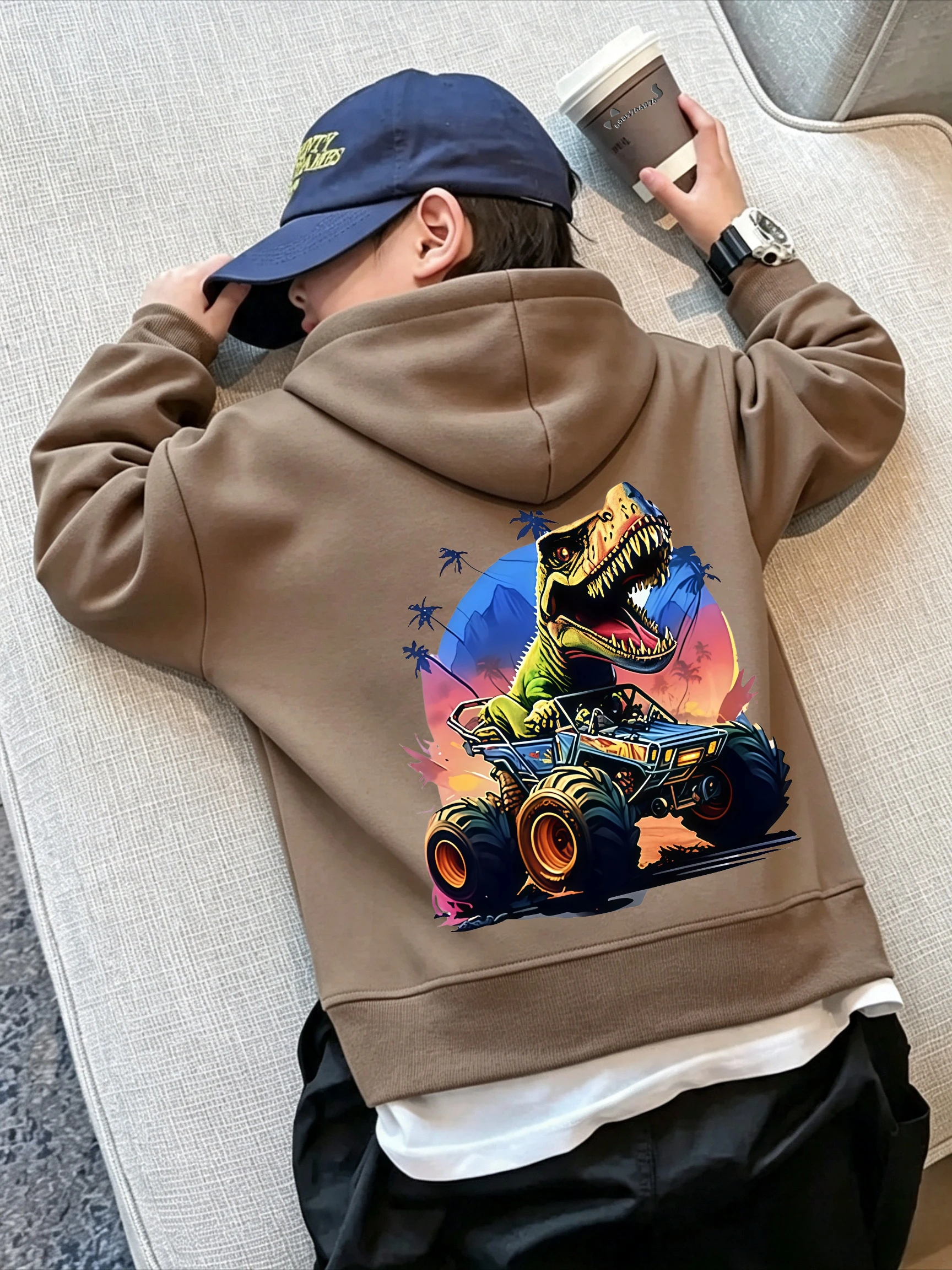 Spring and Summer Children's Fun Dinosaur Car Casual Hooded Sweatshirt - Boys' and Girls' Round Neck Cute Breathable Top