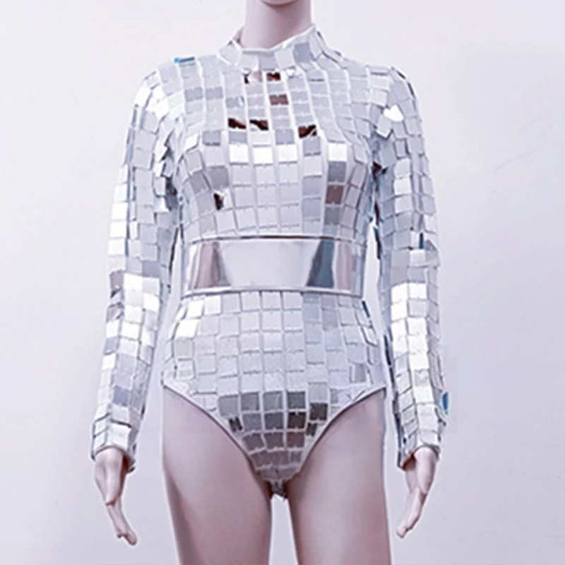 Futuristic Stage Costume Gold Long Sleeve Bodysuit Drag Queen Costumes Silver Mirror Rave Outfit Gogo Show Dance Clothes VDL4640