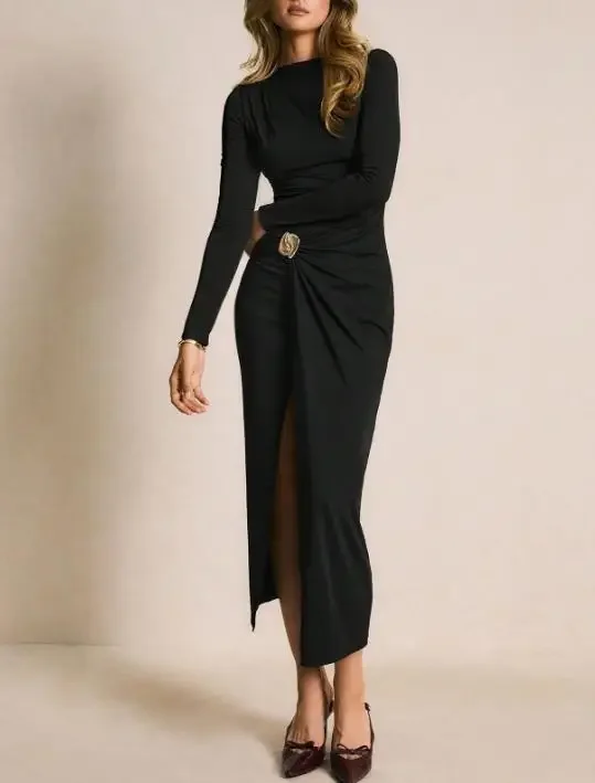 

Women's Fashion Metal Waist Slimming Side Slit Long Sleeve Black Dress In Spring & Autumn New Style Female Sexy Dresses