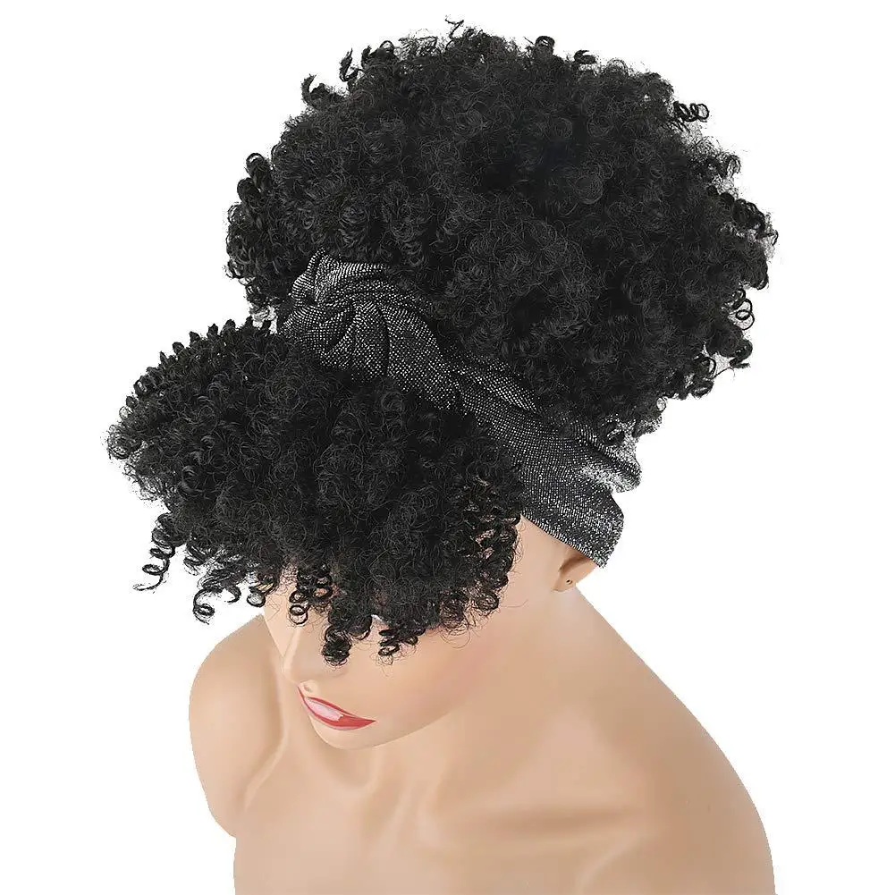 Black Women's Curly Hair Wig with Headscarf 2-in-1 Wrapped Wig,short African Curly Hair Synthetic Wig with Headscar