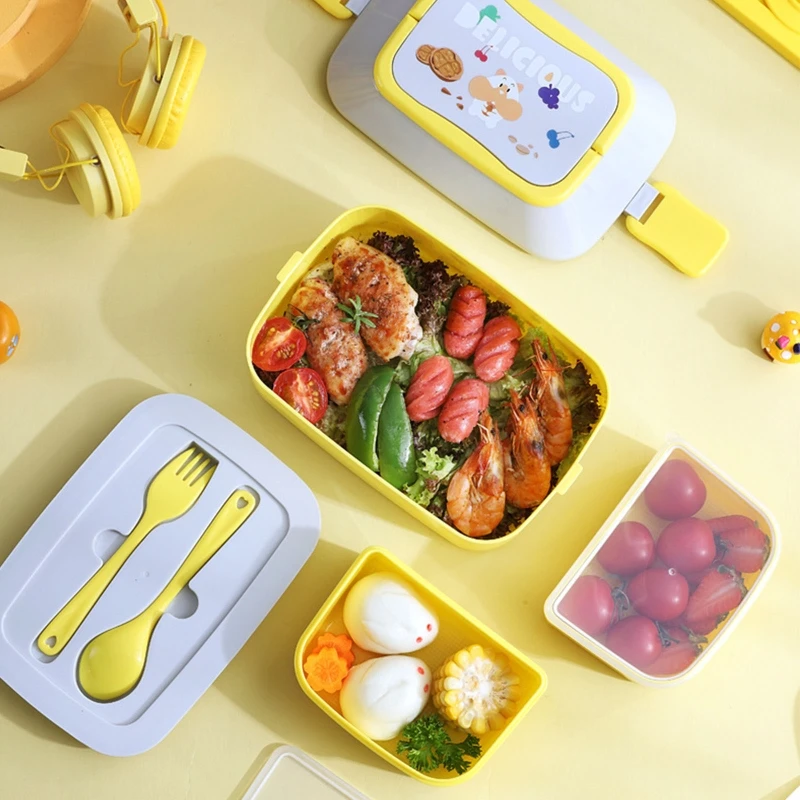 Portable Lunch Box Compartment Bento Organizer with Handle and Buckles for School Office Students Microwave Food Holder