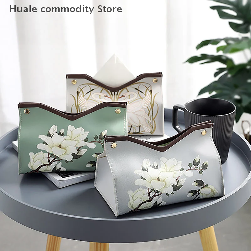 Simple Floral PU Tissue Box Case Retro Car Tissue Container Home Decoration Napkin Holder Desktop Paper Storage Box Pumping Boxs