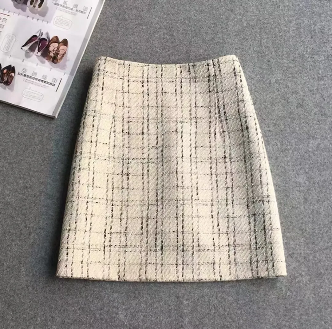 Glittery Tweed Skirt for Women High Waist with Gold Thread Pencil Mini Skirt Ladies Autumn Winter