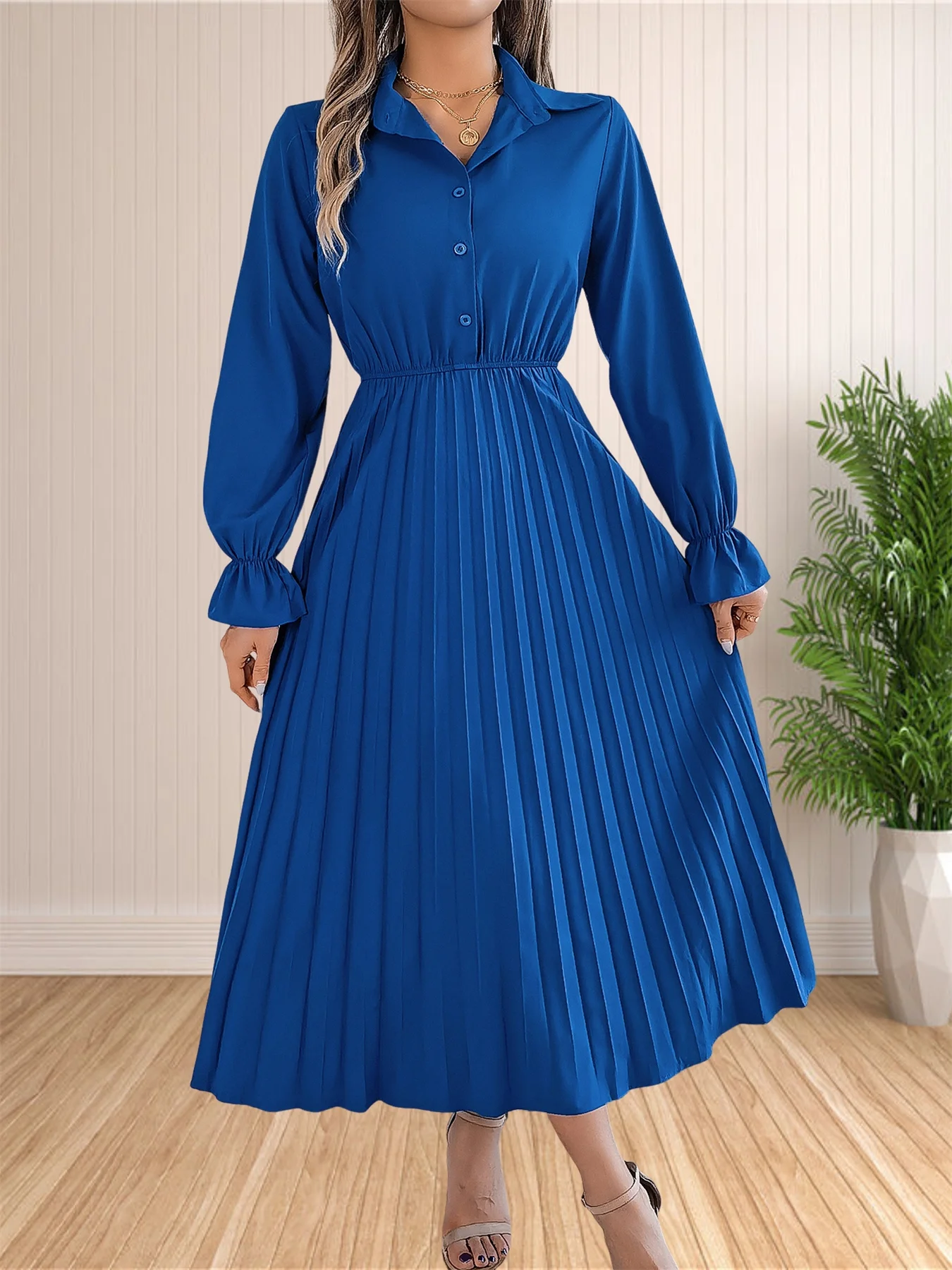 Women Casual Solid Color Turn-Down Collar Long Dresses Button Flare Sleeves Hundred Pleats Dress