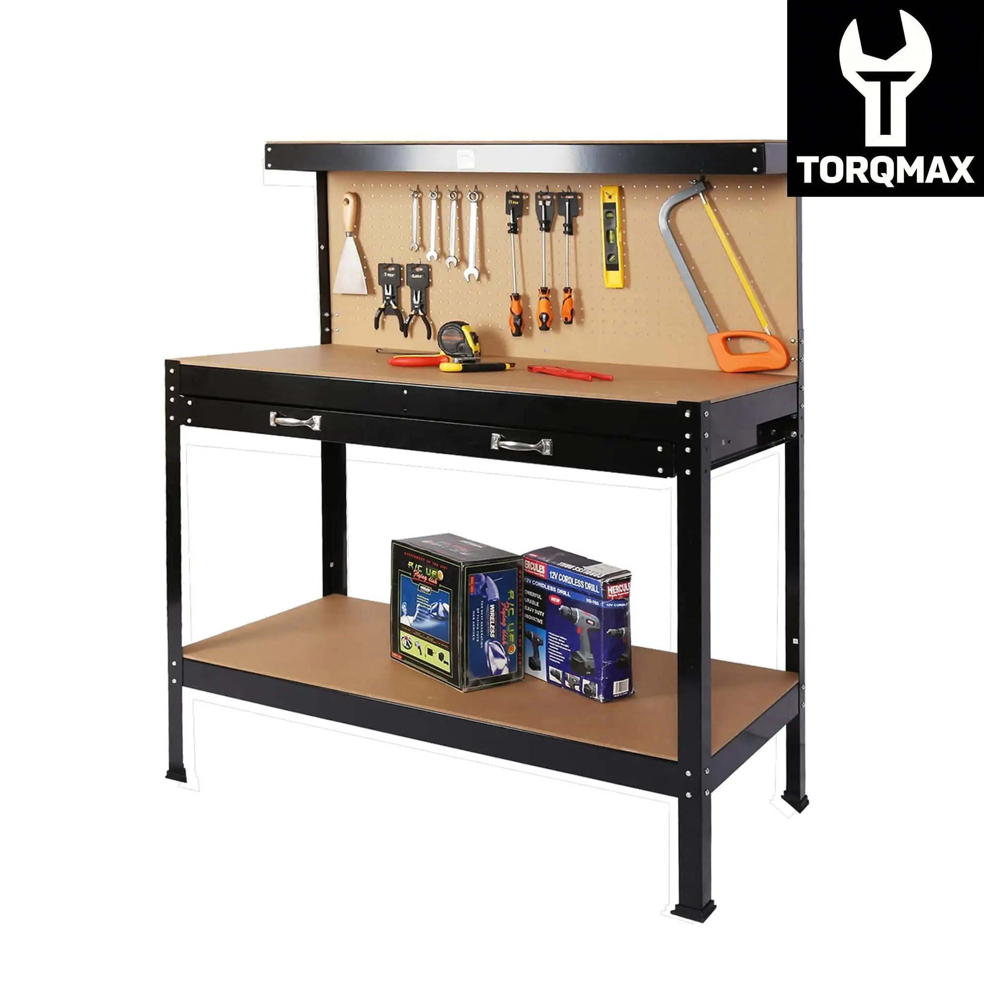 

Рабочая станция TORQMAX 63 дюйма: Сверхпрочный инструментальный шкаф-верстак с ящиками и перфорированной панелью, грузоподъемность 300 фунтов, стальной каркас для гаража и мастерской