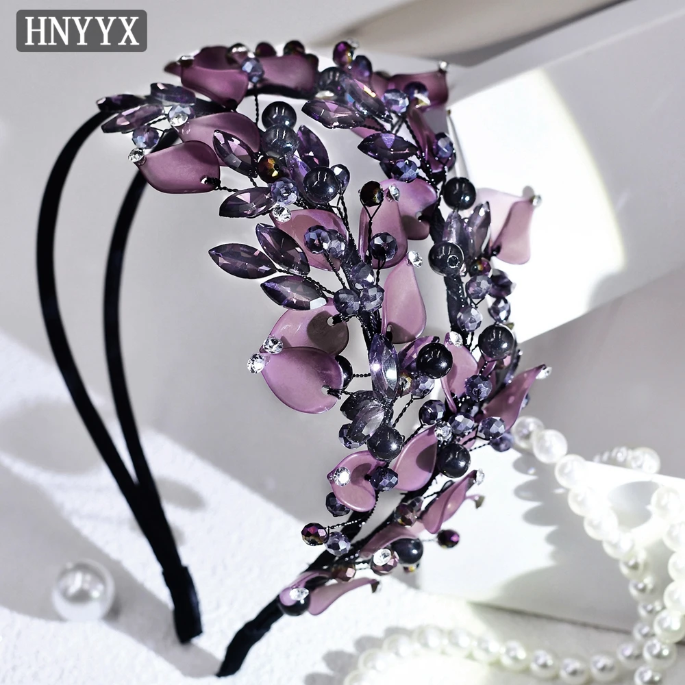 HNYYX Purple Rhinestone Headband Crystal Beaded Hair Accessories Luxury Vintage Hairpiece Party Headwear Wedding Hair Tiara A143