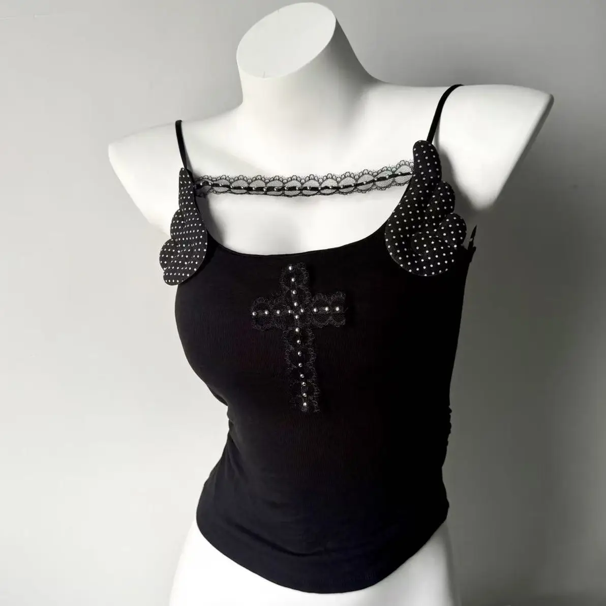 Dot-patterned wings lace studs cross-shaped belt strapless top retro trendy fashion original street style vintage high street