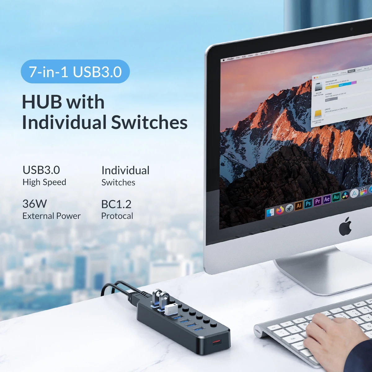ORICO 4 Ports Multi USB Hub Powered Splitter Socket with On/Off Switch Dock Multiple USB 3.0 Slot Power Supply Strip Adapter