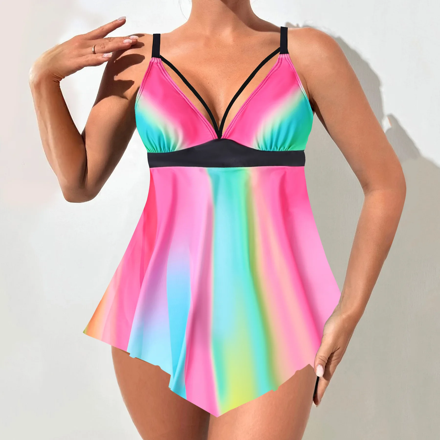 Women Striped Dot Tankini Swimsuit V Neck Double Spaghetti Straps Flowy Asymmetrical Hem Top Boyshort 2 Piece Beach Bathing Suit