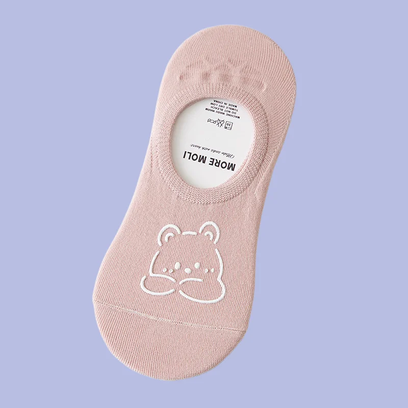 Calcetines invisibles antideslizantes para mujer, medias finas y transpirables, simples y poco profundas, con dibujos de osos, 5/10 pares