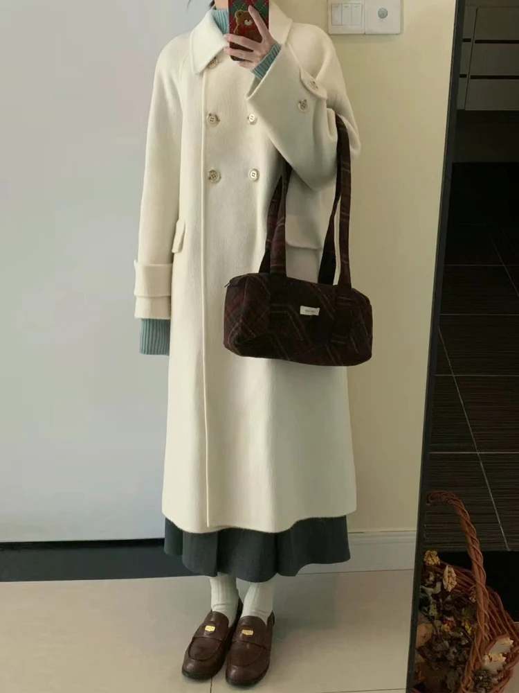 

Корейское шерстяное пальто, женская верхняя одежда средней длины, белое утягивающее длинное пальто Sve, двубортный воротник, прямой крой